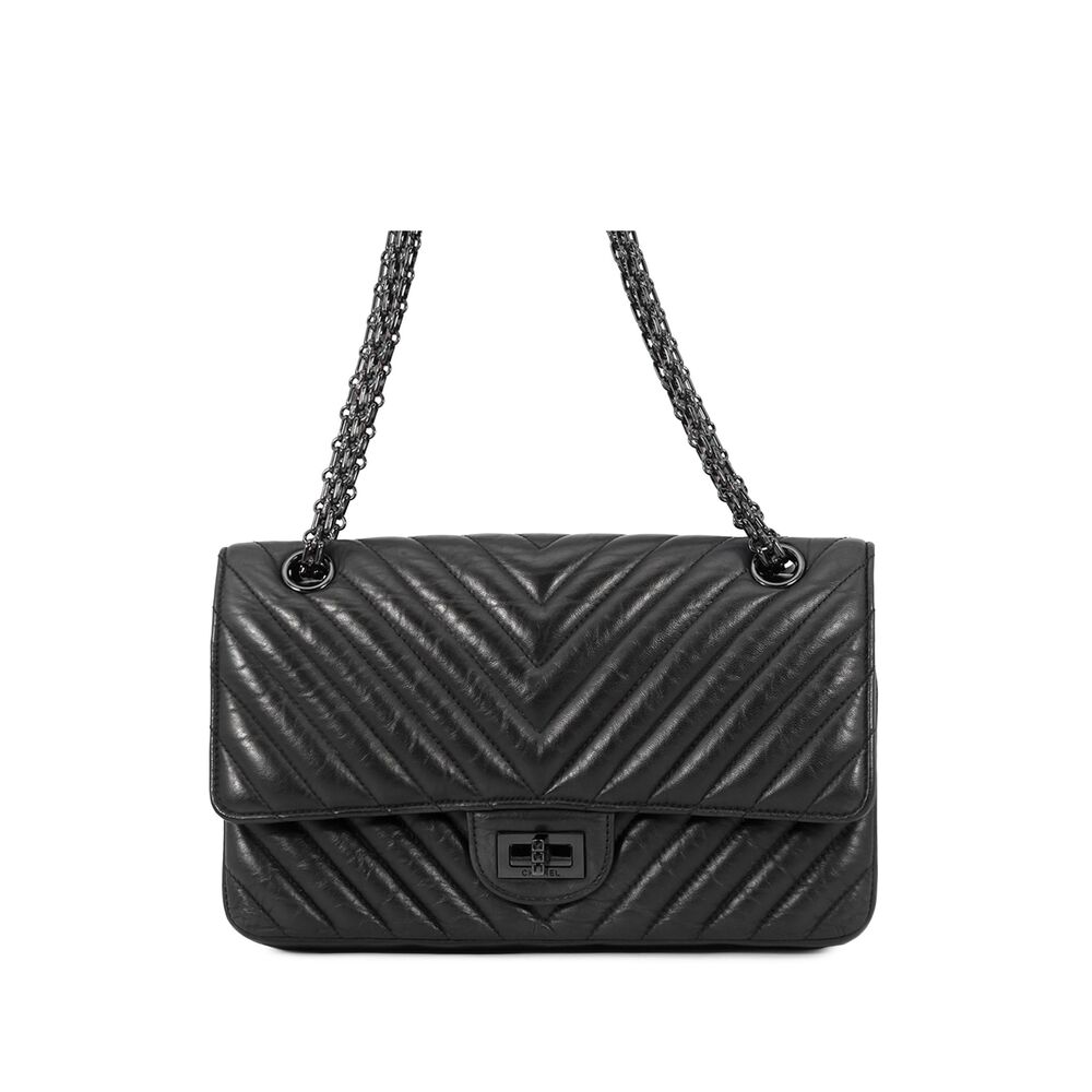 Pre-Loved Chanel Chevron Lambskin So Black Reissue 2.55 Double Flap 225